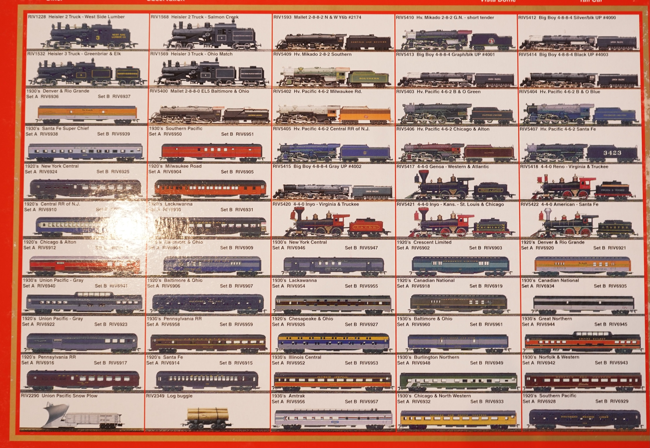 Two boxed Rivarossi 1930s New York Central Railroad coach packs; A Set (6946) and B Set (6947), both containing four coaches